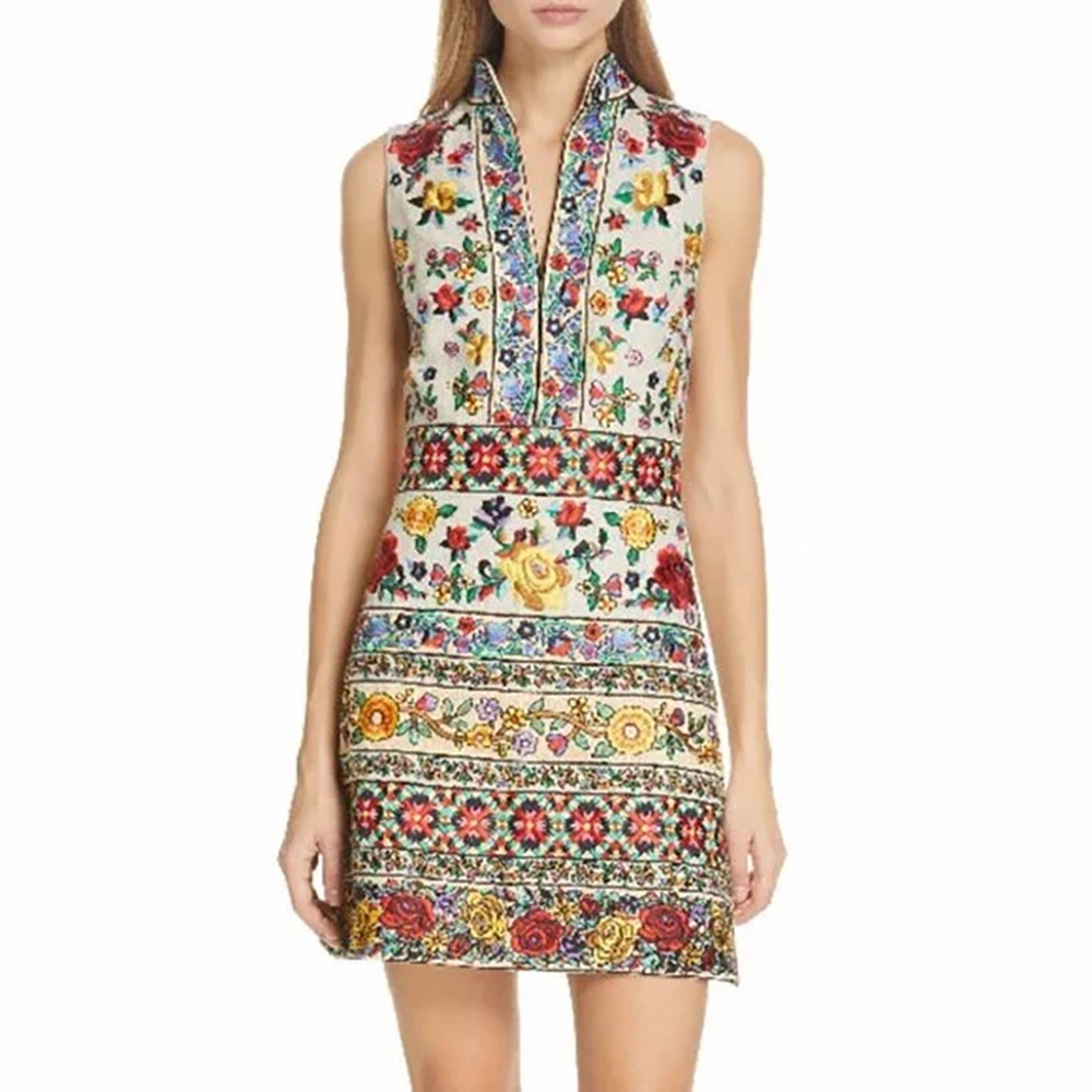 Alice + Olivia Savannah Embroidered Mini Dress Floral Stripe Print Beige Linen 6